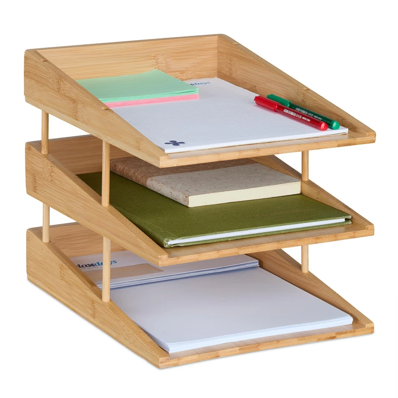Relaxdays Letter Tray, 3 Compartments, Bamboo, A4 Size, Stackable Document Holder, Desk and Office Organiser, Natural, 26.5 x 25 x 34 cm