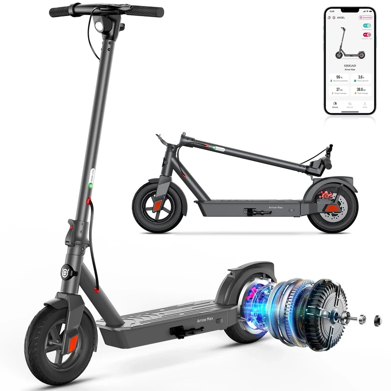 SISIGAD Electric Scooter for Adult,10 inches Tires,42KM 10.4Ah Long Range,500W Peak Motor 3 Speed, Portable and Foldable Scooter Electric with App Control, Smart LCD Display