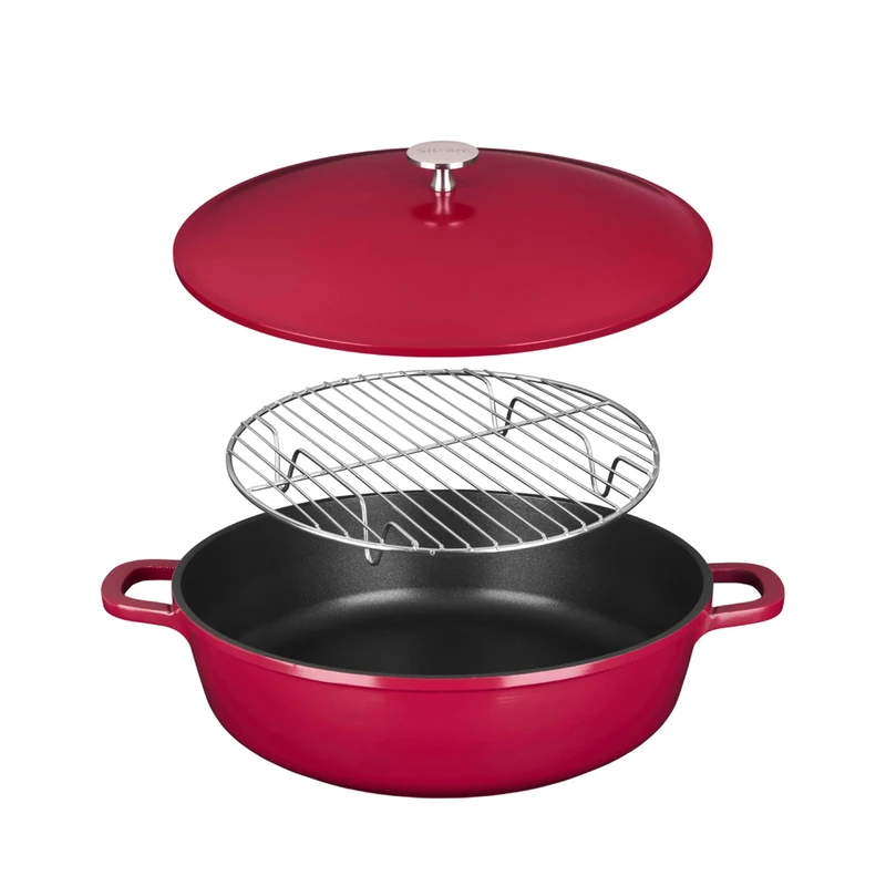 Sitram 716946 Frying Pan Diameter 28 cm All in 1 Cast Aluminium = 1 Casserole Dish to Replace Pan, Sauté Pan + Lid with Nubs, Steamer Basket, Grill for Rotisserie, Spatula – Suitable for Induction