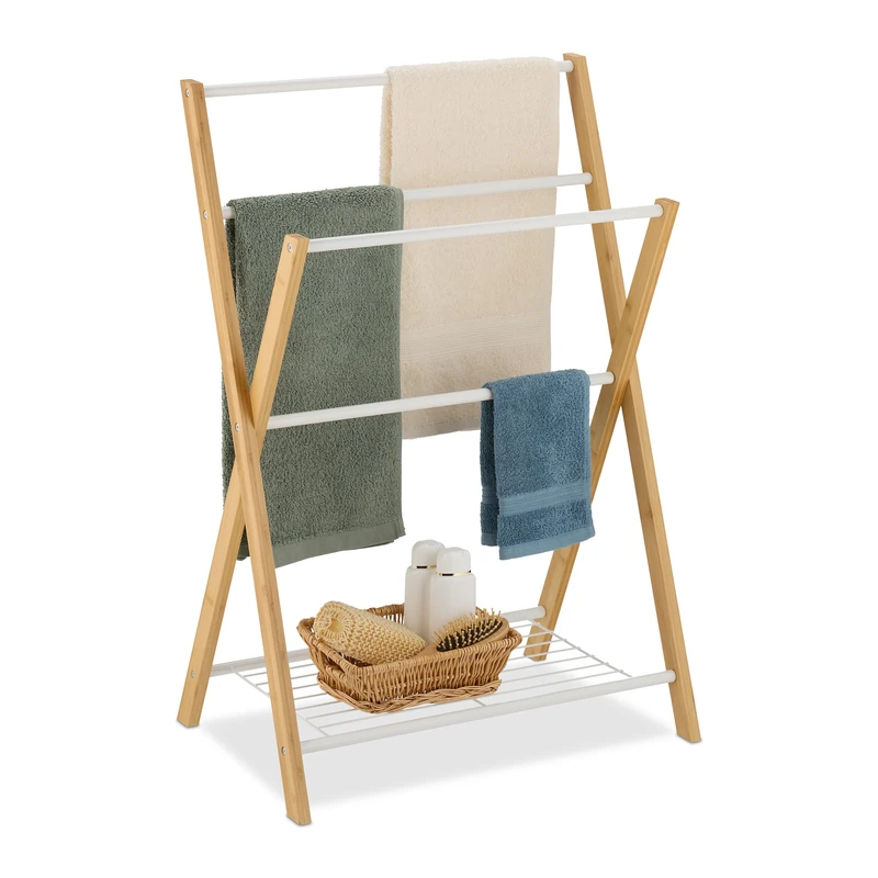 Relaxdays Towel Rack, with 4 Rails and Shelf, 87 x 60.5 x 37.5 cm, Bathroom & Shower Airer, Bamboo & Iron, Natural/White