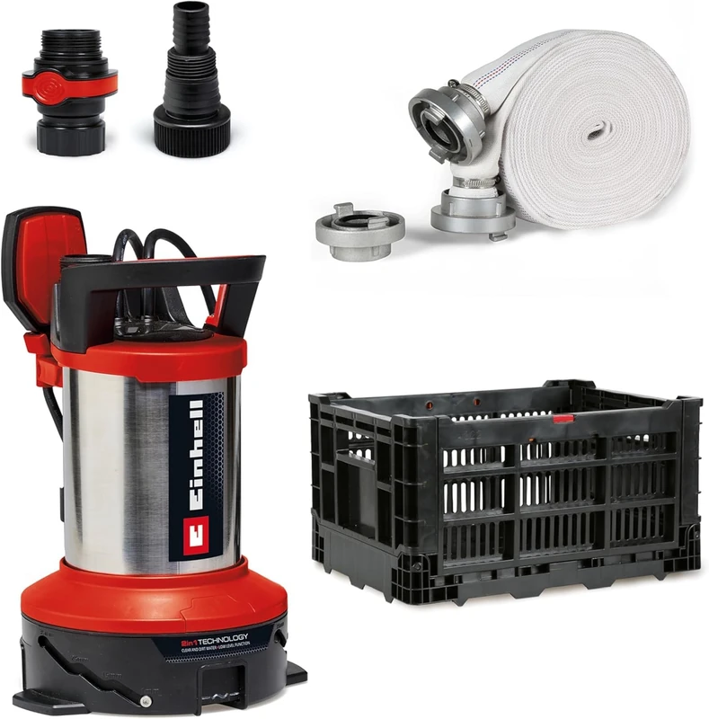 Einhell Flood Set GE-DP 7535 N LL ECO (750 W, up to Ø 35 mm Foreign Particle Size, max. 18,500 L/h Flow Rate, incl. 10 m Woven Hose, Universal Adapter, Plastic case)