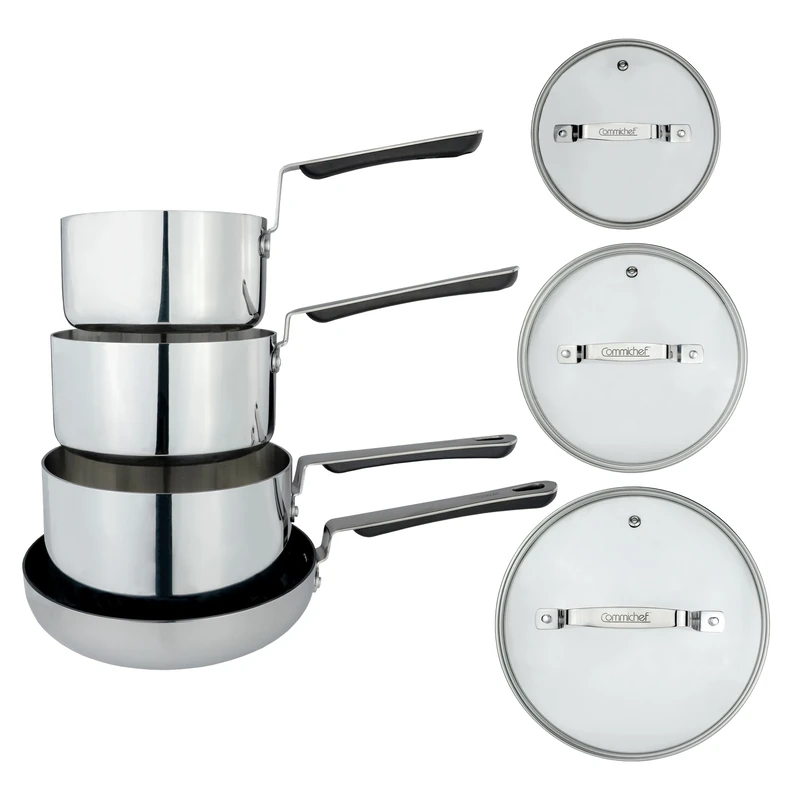 Commichef 4-Piece Cookware Set in Tri-Ply Stainless Steel, Includes 16cm, 18cm, 20cm Saucepans with lids & 24cm Frying Pan, Stackable Design
