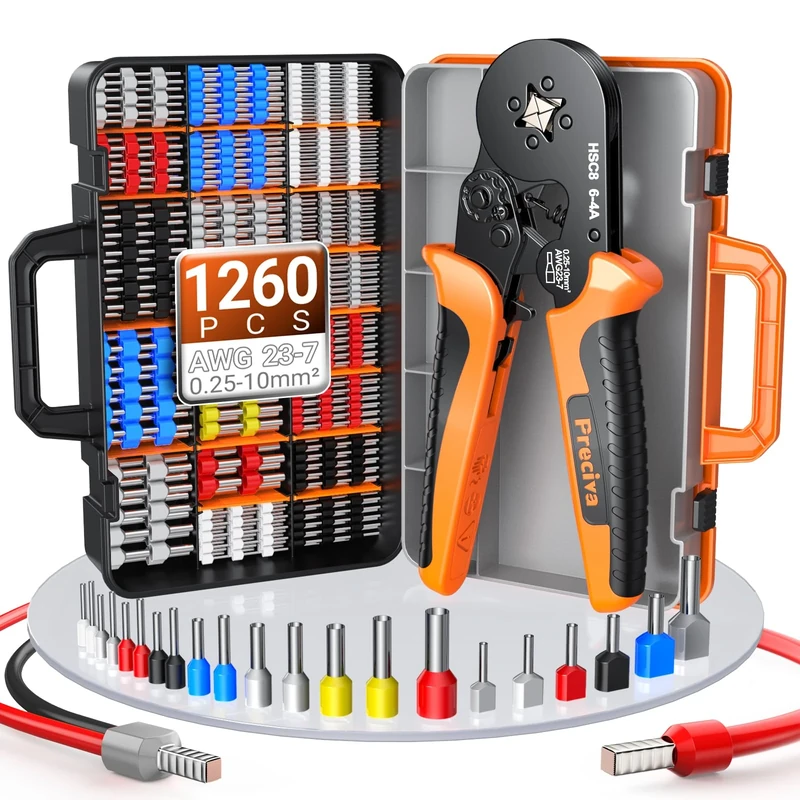Crimping Tool with 1260pcs Crimp Connectors (260 Dual & 1000 Single Tube) for 0.25-10mm² Ferrules, Preciva Self-Adjusting Ratchet Crimper, Ergonomic Wire Crimping Tool Set, Lightweight, with Suitcase