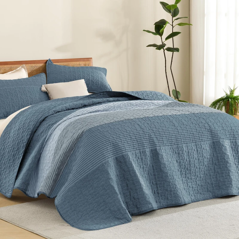 Litanika Super King Quilt, 3 Pcs Blue and Linen Stripe Bedding Set