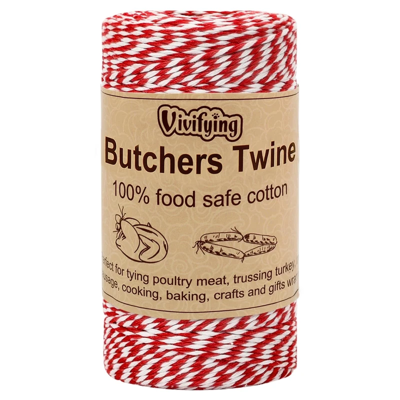 Vivifying Red and White Butchers Twine, 100m 2mm Food Safe Cotton Cooking Twine, Ideal for Trussing Turkey, Roasting, Baking, Bacon, Pumpkin Bread, Festive Holiday Kitchen Use & Gift Wrapping