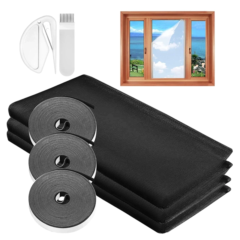 Window Mesh Insect Screen, 3PCS DIY Self-Adhesive Insect Netting for Windows, 130X150CM Window Bug Screen Mosquito Fly Net with A Rolls of Hook Sticky Tape, Suitable for Many Types of Windows Black