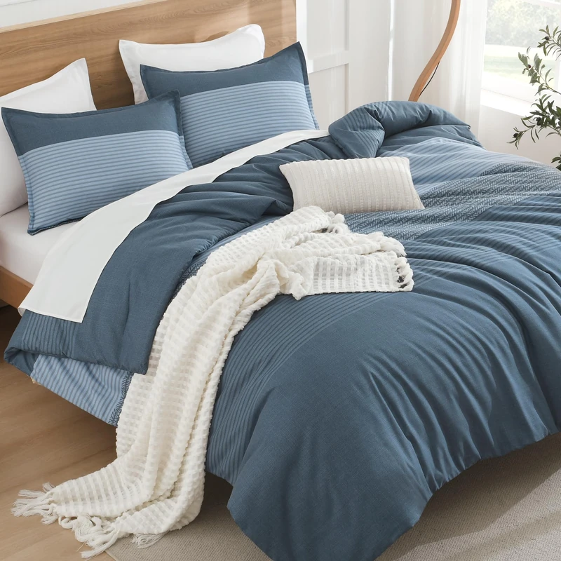 Litanika Haze Blue Oversized King Comforter Set - 3 Pieces Stripe Bed Set