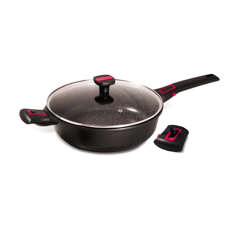 Baumalu - Pro Ceramic Granite Sauté Pan with Lid - Cast Aluminium - Suitable for All Heat Sources Including Induction - Fusion Pro Stone Effect Ceramic Interior PFOA and PFAS Free - Removable Handle