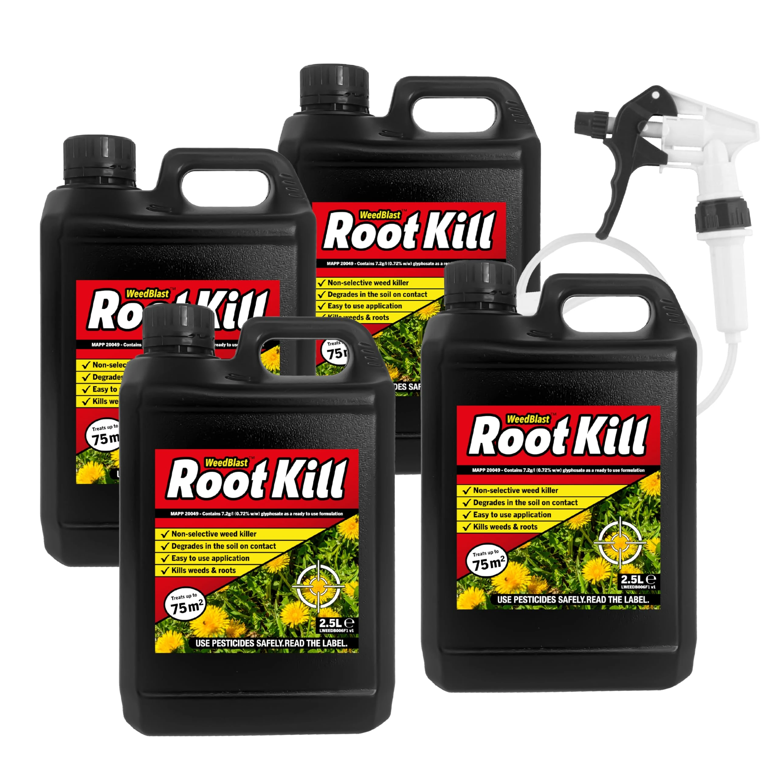 Weedblast Rootkill Weedkiller 4 x 2.5 Litre, Ready to use Glyphosate Weed Killer, Long Hose Trigger
