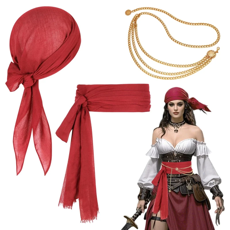 TUONYIS 3 Pcs Medieval Pirate Costume Accessory Set, Pirate Captain Costume Accessories Womens Pirate Costume Includes Pirate Bandana, Sash Belt and Waist Necklace for Halloween Party (Red)