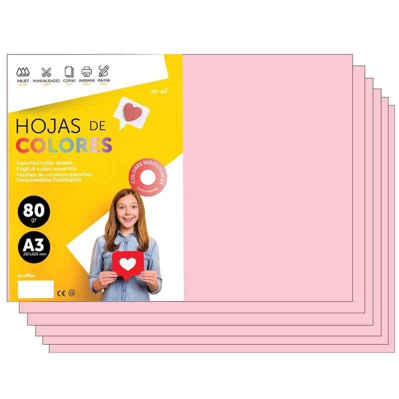 m-office A3 Coloured Paper 80 g for Printers and Crafts, Assorted Paper for Children, Pack of Colours for Cards, School and Creative Projects · m-office (500h, Light Pink)
