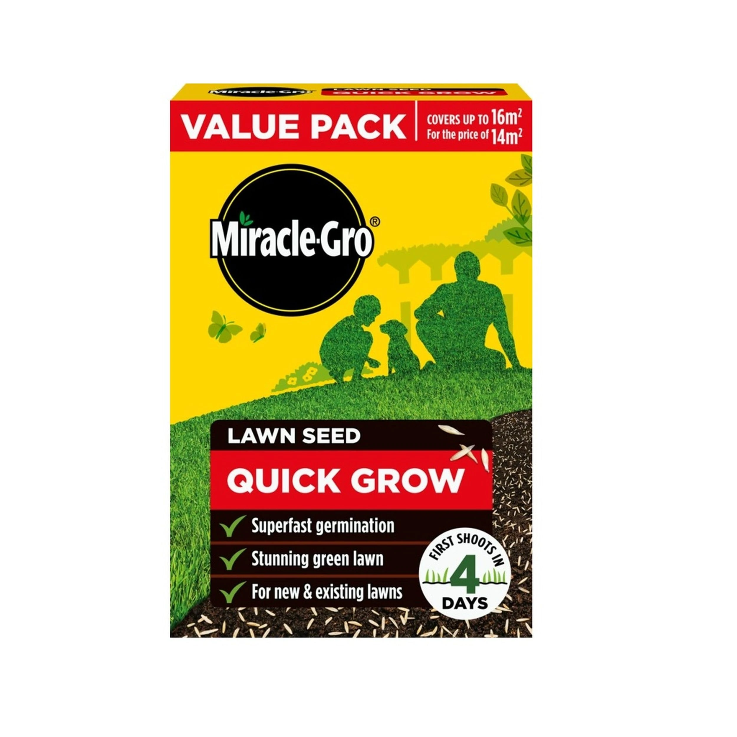 Miracle-Gro Quick Grow Lawn Seed 16m2 ryegrass fescues Fast Grass Seed 480g - Super Fast Germinating Lawn Seed - Rich Green Lawn - for existing and New lawns.