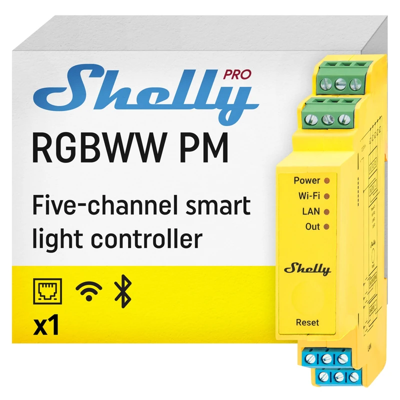 Shelly Pro RGBWW PM, LAN & Wi-Fi Smart Light Controller, Adjustable White Channels (CCT), 5 LED Strips, Lights Remote Control, Power Monitoring, Dimming, No Hub Required, Alexa & Google Home