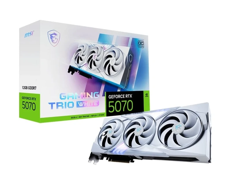 MSI GeForce RTX 5070 12G GAMING TRIO OC WHITE Graphics Card - RTX 5070 GPU, 12GB GDDR7 (28Gbps/192-bit), PCIe 5.0 - TRI FROZR 4 (3 x STORMFORCE FAN) - RGB - HDMI 2.1b, DisplayPort 2.1b