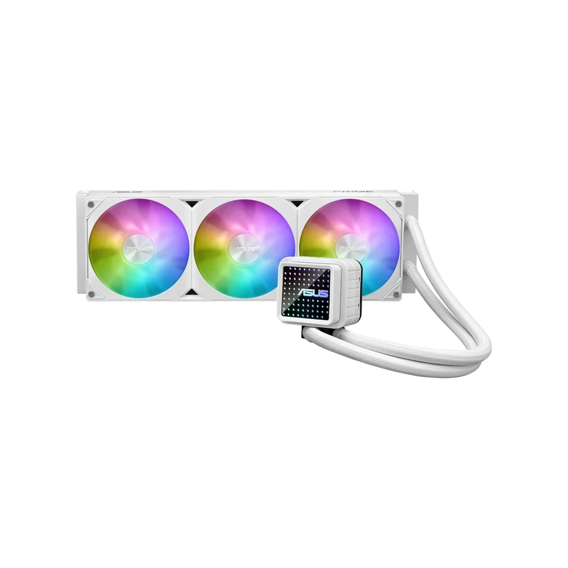 ASUS Prime LC 360 ARGB White Edition all-in-one CPU liquid cooler with specially designed CPU contact area and finned channels, water block with infinity mirror lens options, pre-installed ARGB fans