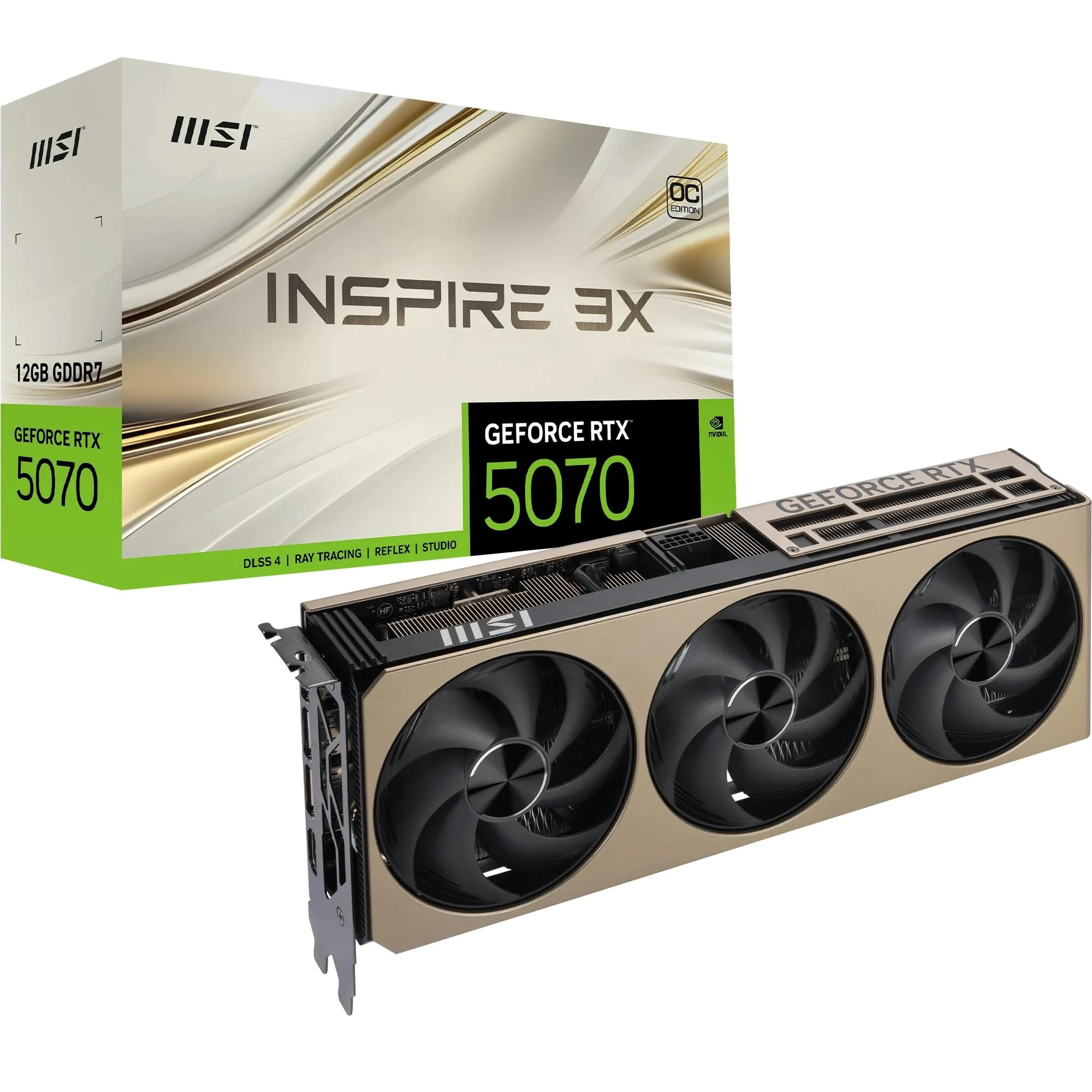 MSI GeForce RTX 5070 12G INSPIRE 3X OC Graphics Card - RTX 5070 GPU, 12GB GDDR7 (28Gbps/192-bit), PCIe 5.0 - Triple Fan Thermal Design (3 x STORMFORCE Fan) - HDMI 2.1b, DisplayPort 2.1b