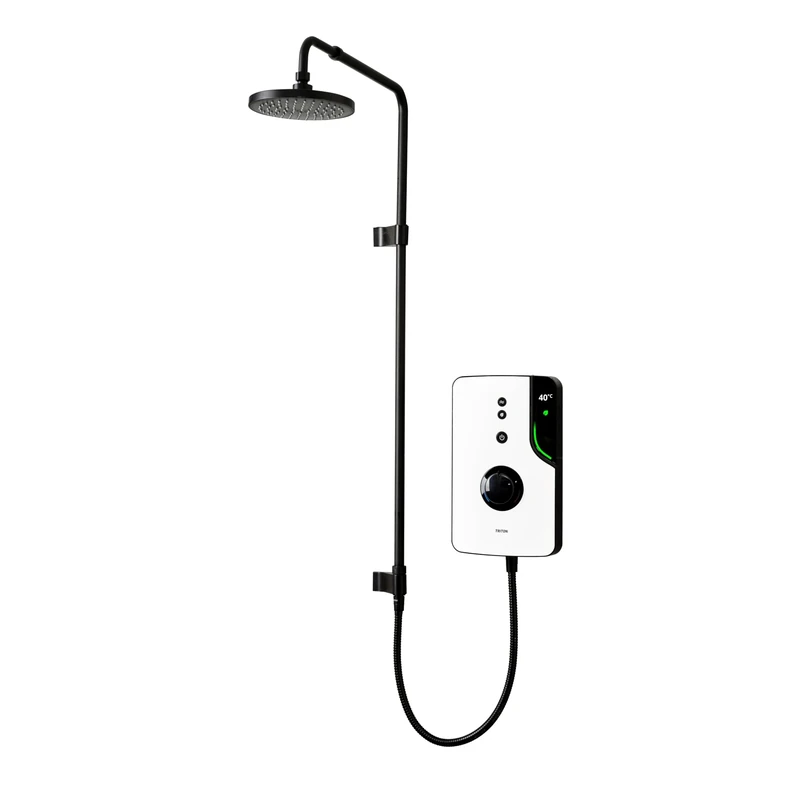 Triton Showers ENlight® | UNIQ® | Thermostatic Electric Shower | 9.5 kW | Smart | Digital | with Black Showerhead & Anti Twist Hose | White | Overhead Shower