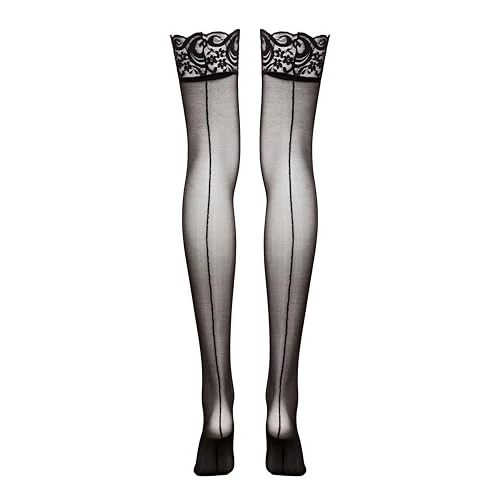 Lovehoney Hold Up Stockings for Women | Sheer Lace Top Back-Seam Thigh High Black Stockings | Retro Vintage Style | Size 6-22