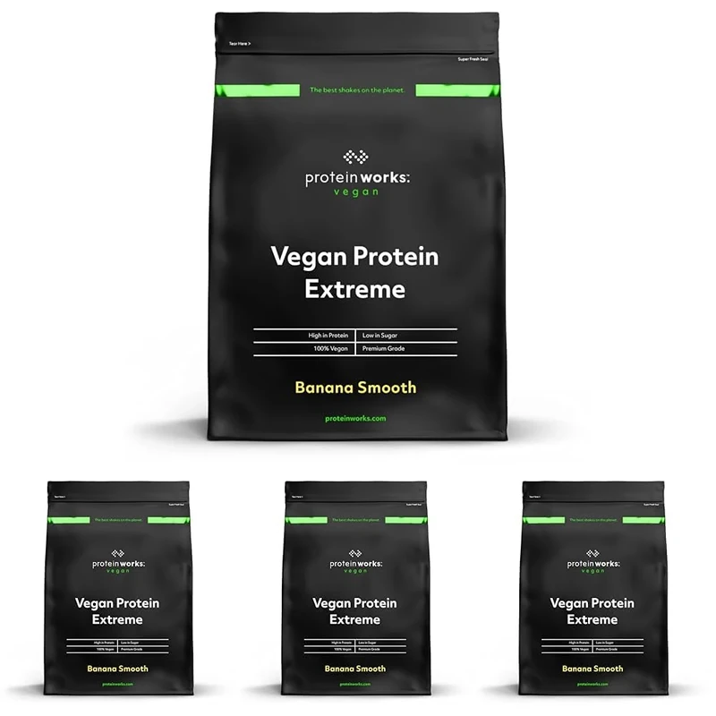 Protein Works - Vegan Protein Extreme, Added Vitamin Blend, Vegan Protein Powder, Plant Based Protein Shake, 57 Servings, Banana Smooth, 2kg (Pack of 4)