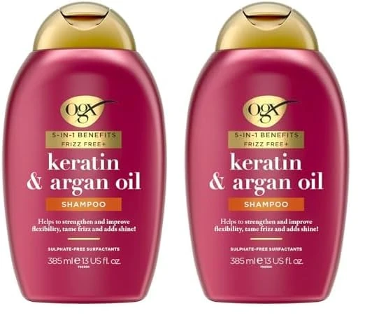 OGX Anti Frizz Keratin Smoothing Oil 5 in 1 Sulfate Free Hair Shampoo, 385ml (Pack of 2)