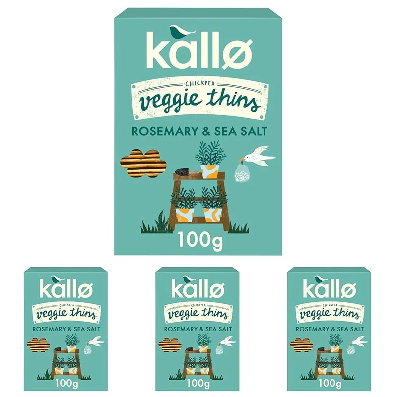 Kallo Rosemary & Sea Salt Veggie Thins Crackers | Healthy Snacks High Fibre, Plant Protein, Gluten Free & Baked | 100g Single Pack (Pack of 4)