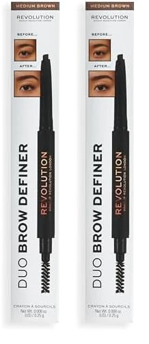 Makeup Revolution Duo Brow Definer Pencil, Add Definition, Includes Brush, Medium Brown (Pack of 2)