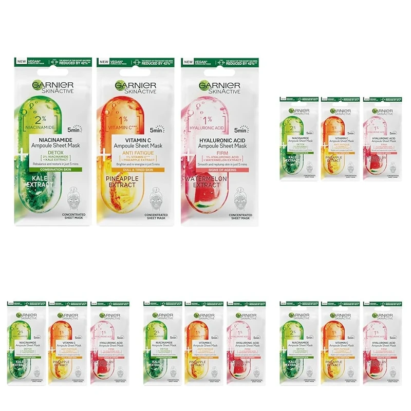 Garnier Ampoule Sheet Masks, Set Of 3-1% Vitamin Cg + Pineapple To Brighten Skin, 1% Hyaluronic Acid + Watermelon To Replump Skin, 2% Niacinamide + Kale To Rebalance Oily Skin, Fast Action 5 mins.