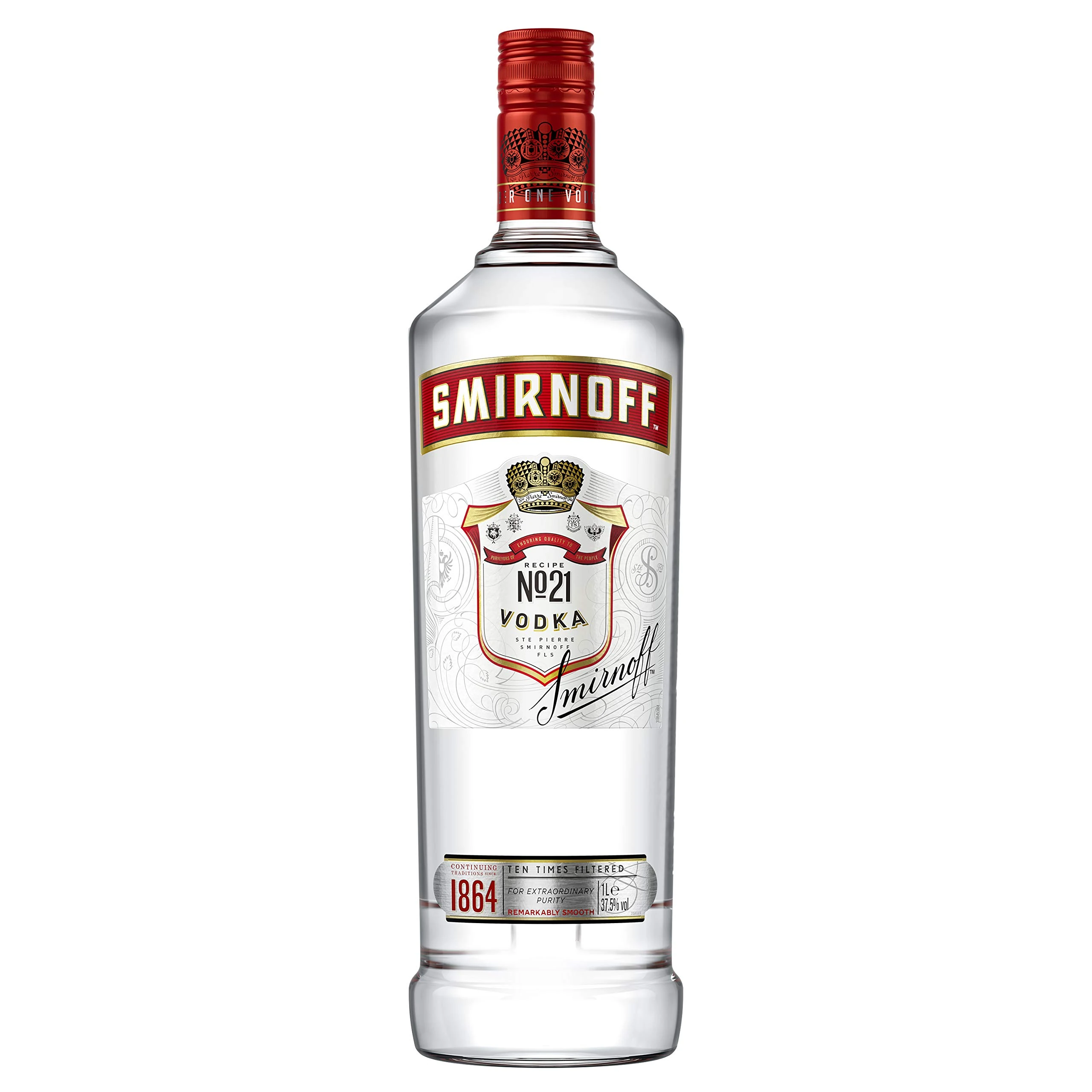 Smirnoff No. 21 Vodka | 37.5% vol | 1L | Triple Distilled & 10 x Filtered | Premium Vodka Made in Great Britain | Smooth with a Hint of Sweetness & Pepper | Vodka 1ltr (Pack of 6)