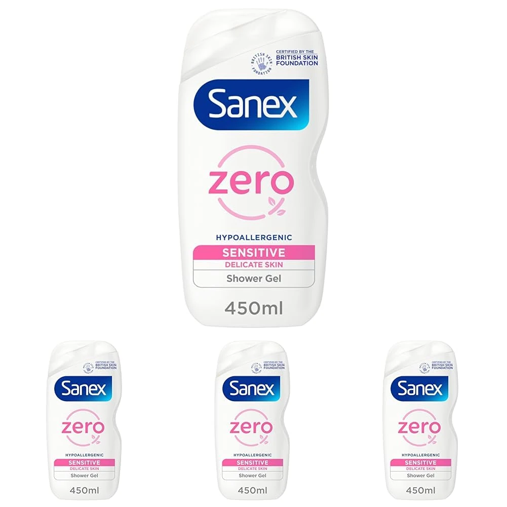 Sanex Zero% Hypoallergenic Sensitive Shower Gel 450ml | 0% fragrance, colourants, sulphates* & soap | 8 hours of hydration | dermatologically tested | ingredients of 93% natural origin** (Pack of 4)