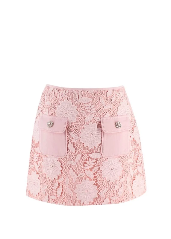 Self Portrait Pre-Loved Pink Guipure Lace Mini Skirt
