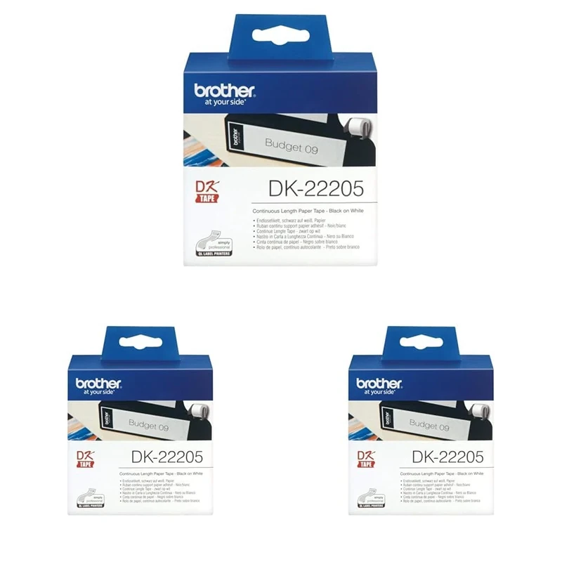 Brother DK-22205 Label Roll, Continuous Length Paper, Black on White, Single Label Roll, 62mm (W) x 30.48M (L), Brother Genuine Supplies (Pack of 3)