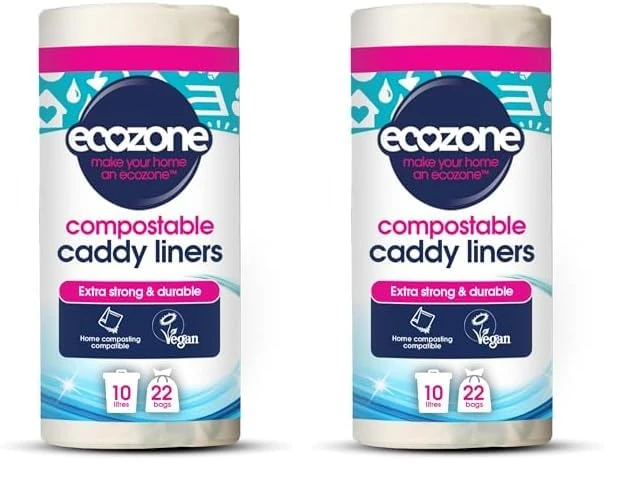 Ecozone Caddy Liners, 100% Compostable & Biodegradable Bin Bags, 10 Litre Size, Strong Tear Resistant, Eco Friendly Vegan Natural Sacks Made from Plants, Plastic Free (Roll of 22), Green (Pack of 2)