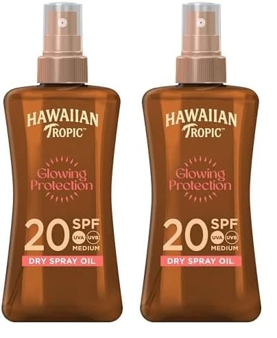 Hawaiian Tropic Glowing Protection Sunscreen Dry Oil Spray Mist, Water Resistant SPF 20 UVA plus UVB Protection Sunscreen Spray, Tropical Scent Sun Lotion with Coconut Oil, 200 ml (Pack of 2)