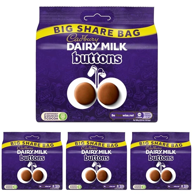 Cadbury Dairy Milk Giant Buttons Chocolate Bag, Classic Creamy Taste to Share, Gift or Snack, 184.8 g (Pack of 4)