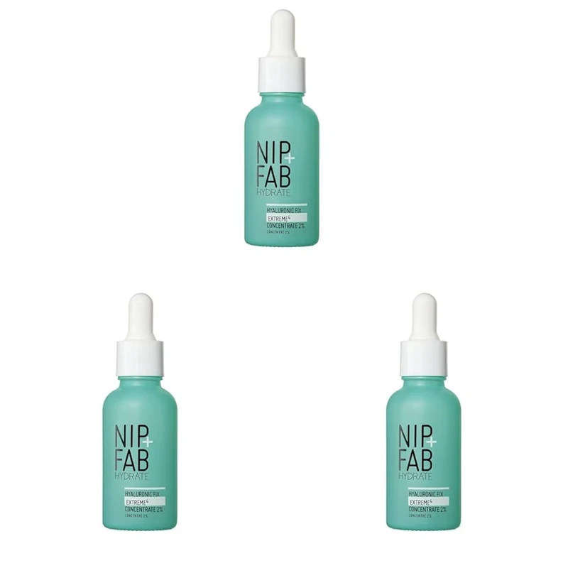 Nip + Fab Hyaluronic Acid Fix Extreme 4 2% Concentrate, Daily Concentrated Drops for Face, Quick Drying Serum for Hydration, Dewy, Visibly Plumped Skin (Pack of 3)