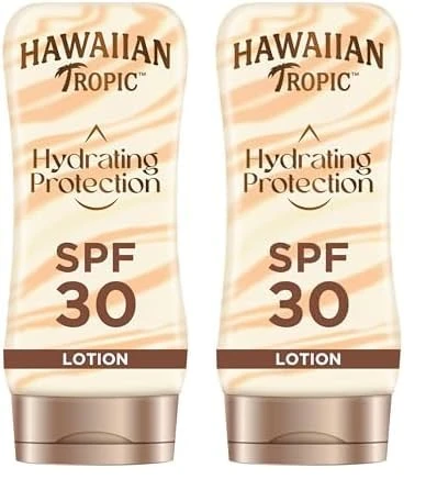Hawaiian Tropic Hydrating Protection Sunscreen Lotion, Water Resistant SPF 30 UVA Plus UVB Protection Suncream, 12-Hour Moisturising Sun Lotion with Cocoa and Shea Butter, 180 ml (Pack of 2)