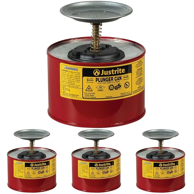 Justrite 10208 Steel Plunger Safety Can with Brass and Ryton Pump Assembly, 2 L Capacity, 7-1/4" OD x 7-3/8" H, Red (Pack of 4)