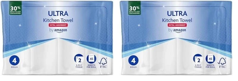 by Amazon Ultra Kitchen Roll, Extra Absorbent, 4 Rolls (Pack of 2), 45 Sheets per Roll, Wring and Reuse, FSC Certified