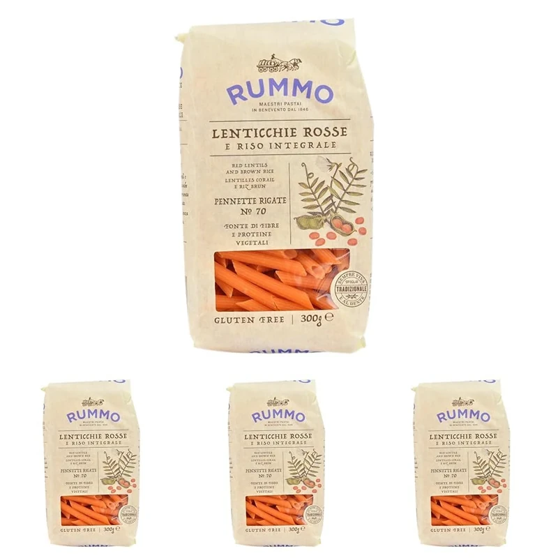 Rummo Pennette Lenticchie Rosse Gluten-Free Red Lentil Pasta No.70, 300 g (Pack of 4)