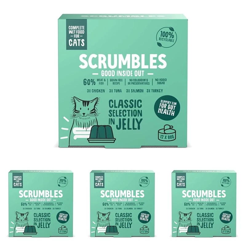 Scrumbles Natural Wet Cat Food, Classic Selection in Jelly 12x 80g (Pack of 4)