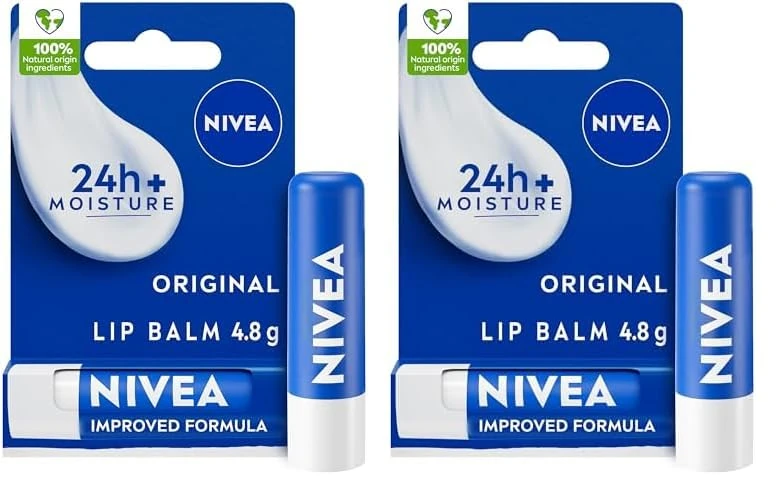 NIVEA Lip Balm Original Care (4.8g) Lip Balm Deeply Hydrates Lips for 24h+, with 100% Natural Origin Ingredients, Shea Butter, and Vitamins, Lip Care (Pack of 2)