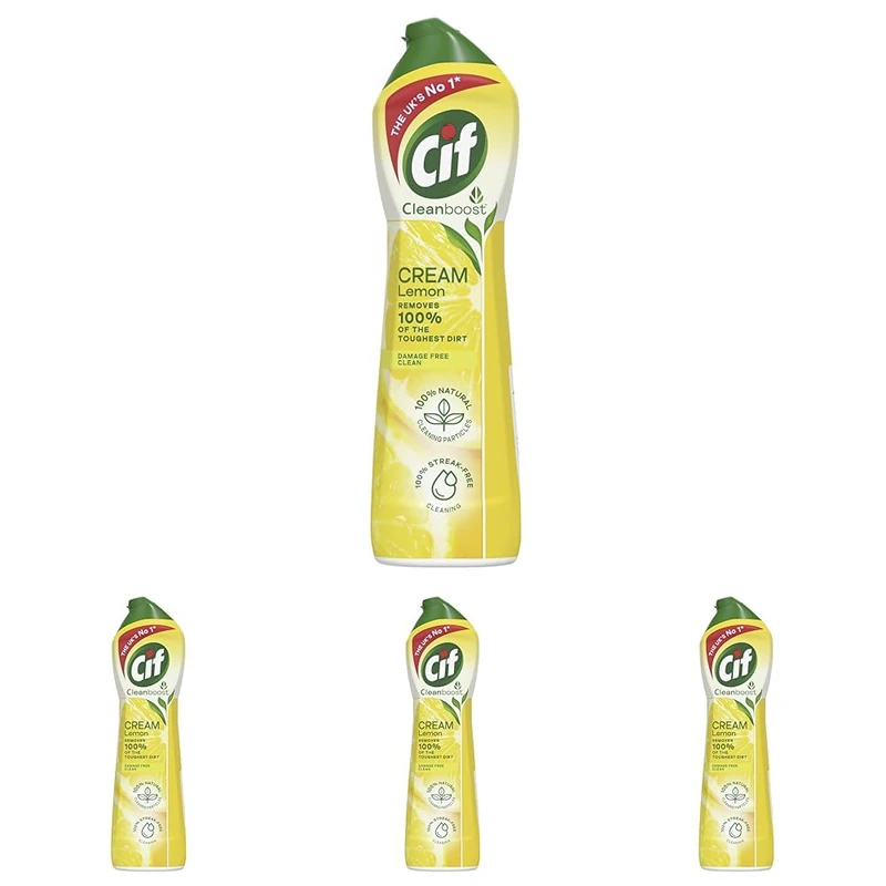 Cif Lemon Cream Cleaner multipurpose surface cleaner with 100% natural cleaning particles removes 100% of the toughest dirt 8x 500 ml (Pack of 4)