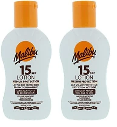 Malibu Sun SPF 15 Lotion, Medium Protection Sun Cream, Water Resistant, Vitamin Enriched, 100ml (Pack of 2)