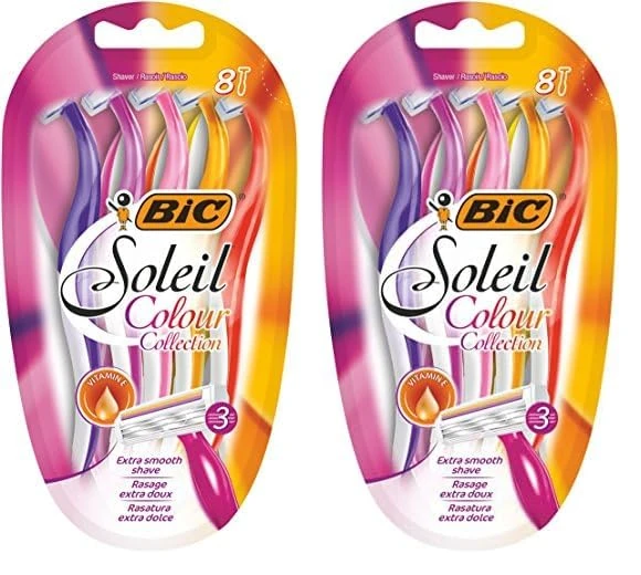 BIC Miss Soleil Colour Collection 3-Blade Razors for Women with Easy Grip Handle and Lubricating Strips, Pack of 16