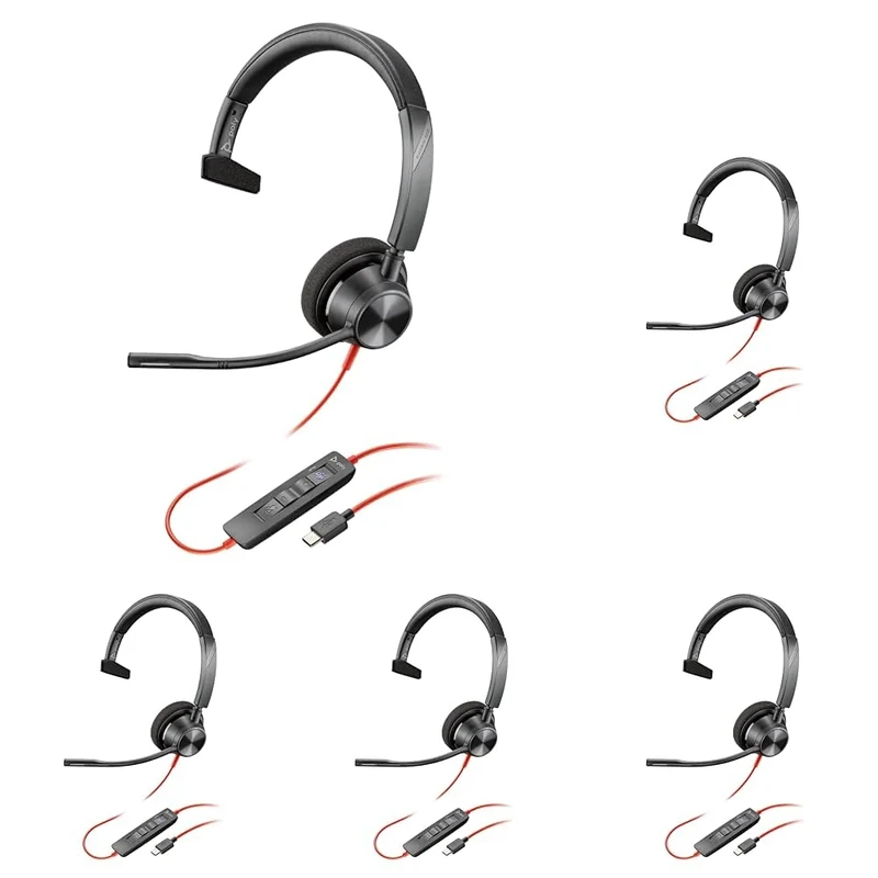 Poly Blackwire 3310 Wired Headset – Flexible Microphone Boom – Monaural Design - Connect to PC/Mac via USB-C or USB-A - Certified for Microsoft Teams (Pack of 5)