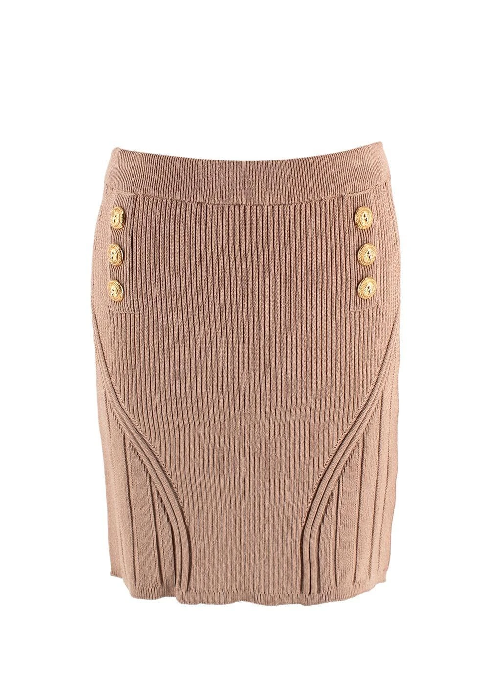 Balmain Pre-Loved Camel Ribbed Knit Mini Skirt with Gold Button Detail