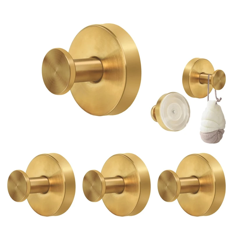 KINDPMA 4PCS Suction Hooks for Bathroom Suction Cup Hooks Gold Stainless Steel Waterproof Shower Hook Suction Towel Holder for Shower Kitchen Hanging up to 11lbs