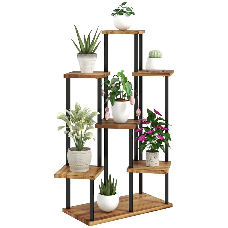 Outsunny 5 Tier Plant Stand Indoor Outdoor, Tiered Corner Steel Wood Plant Shelf for Multiple Plants, Tall Flower Stand Display Rack for Garden Patio Balcony Living Room, Carbonised Finish
