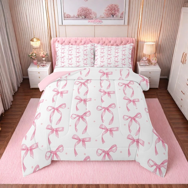 Erosebridal Ribbon Pink Bow Queen Comforter Set,Cute Pink Bows Bedding Set for Girls Teen Kids Bedroom Decor,Coquette Bowknot Bed Set Princess Bowtie Bedding Comforter Sets,2 Pillowcases