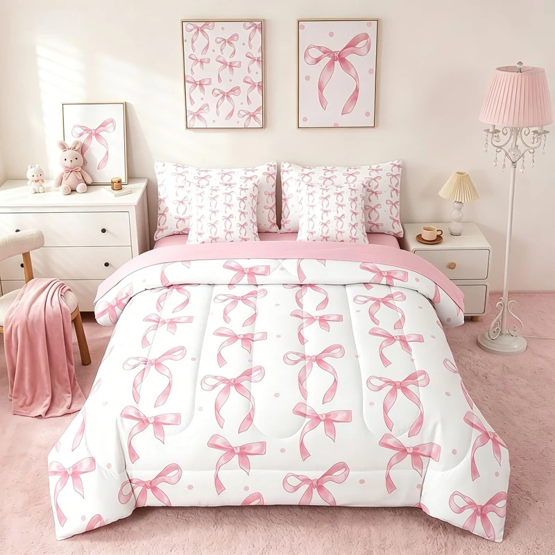 Erosebridal Cute Pink Bow Queen Comforter Set 7 Piece,Bowknot Bedding Set for Girls Kids,Pink Ribbon Bow Bed Set Coquette Bedroom Decor,Princess Bows Bed in a Bag with Fitted+Flat Sheet,Pillowcases